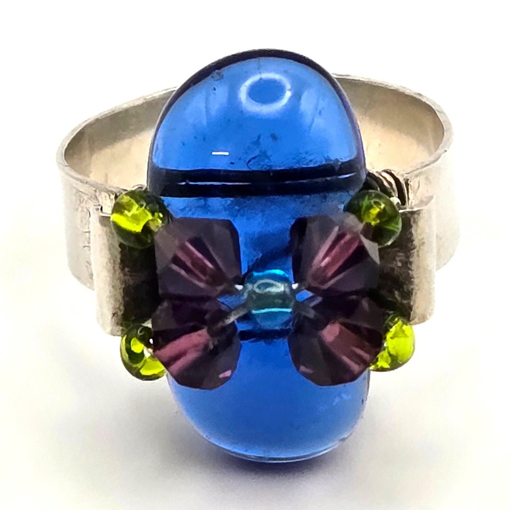 Artisan Cobalt Blue Glass‎ Statement Ring Purple Crystal Flower Silver Tone Band